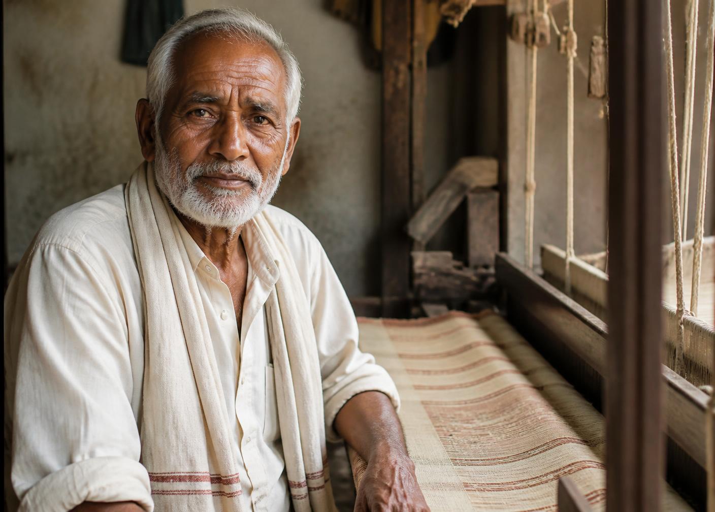 Portrait of a master weaver seated beside his loom