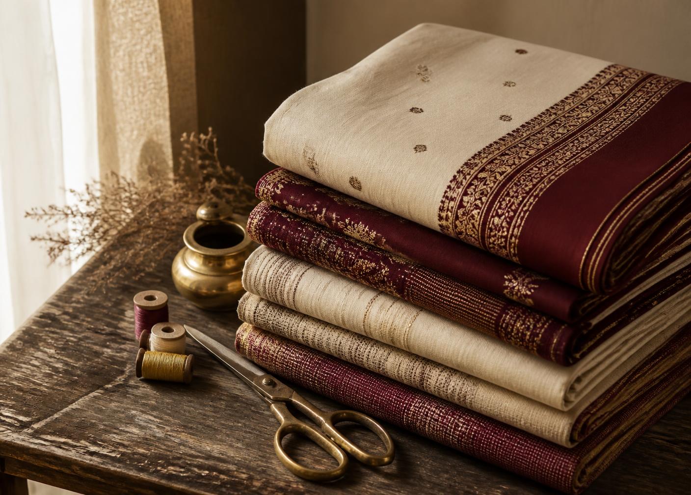 Finished sarees folded and stacked