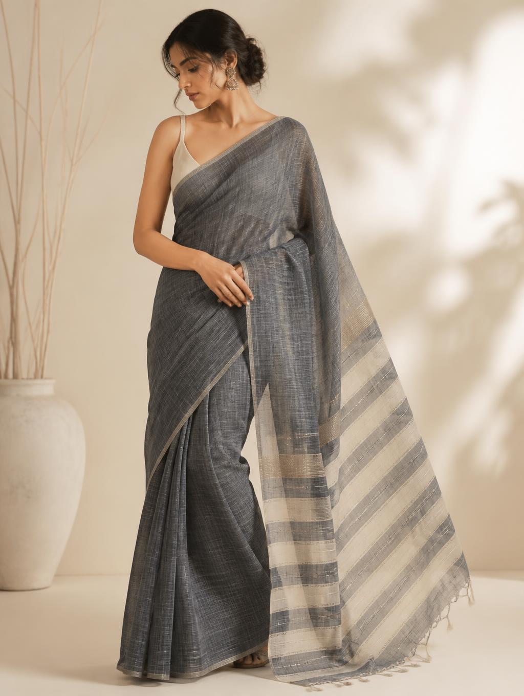 Model wearing a charcoal Kota Doria saree with a cream striped pallu
