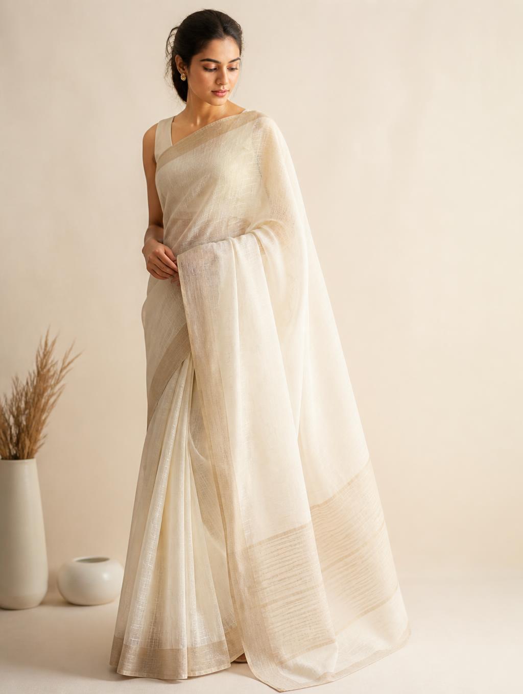 Model wearing an ivory handwoven Kota Doria cotton saree