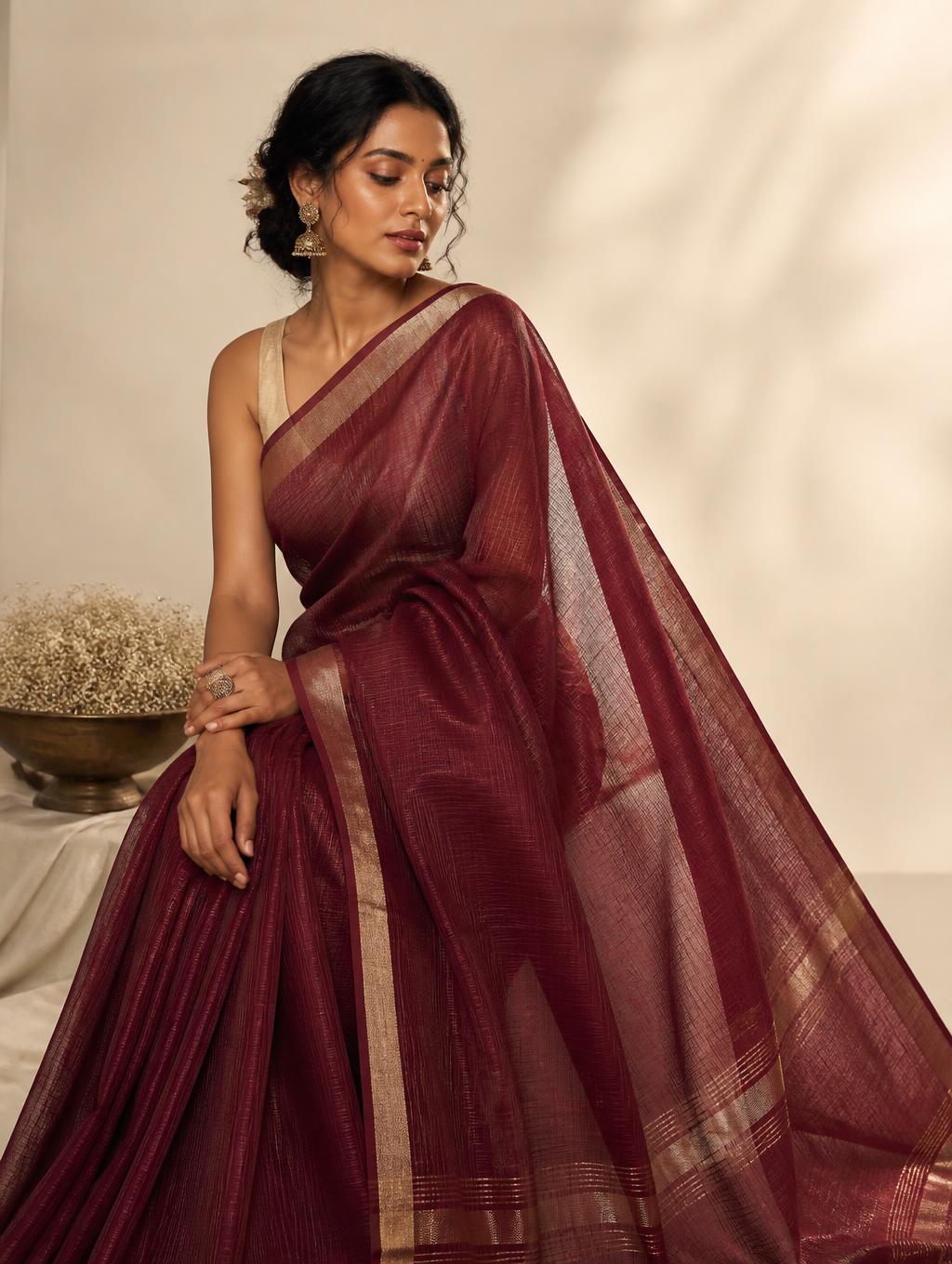 Model wearing a deep maroon Kota Doria saree with a gold zari border