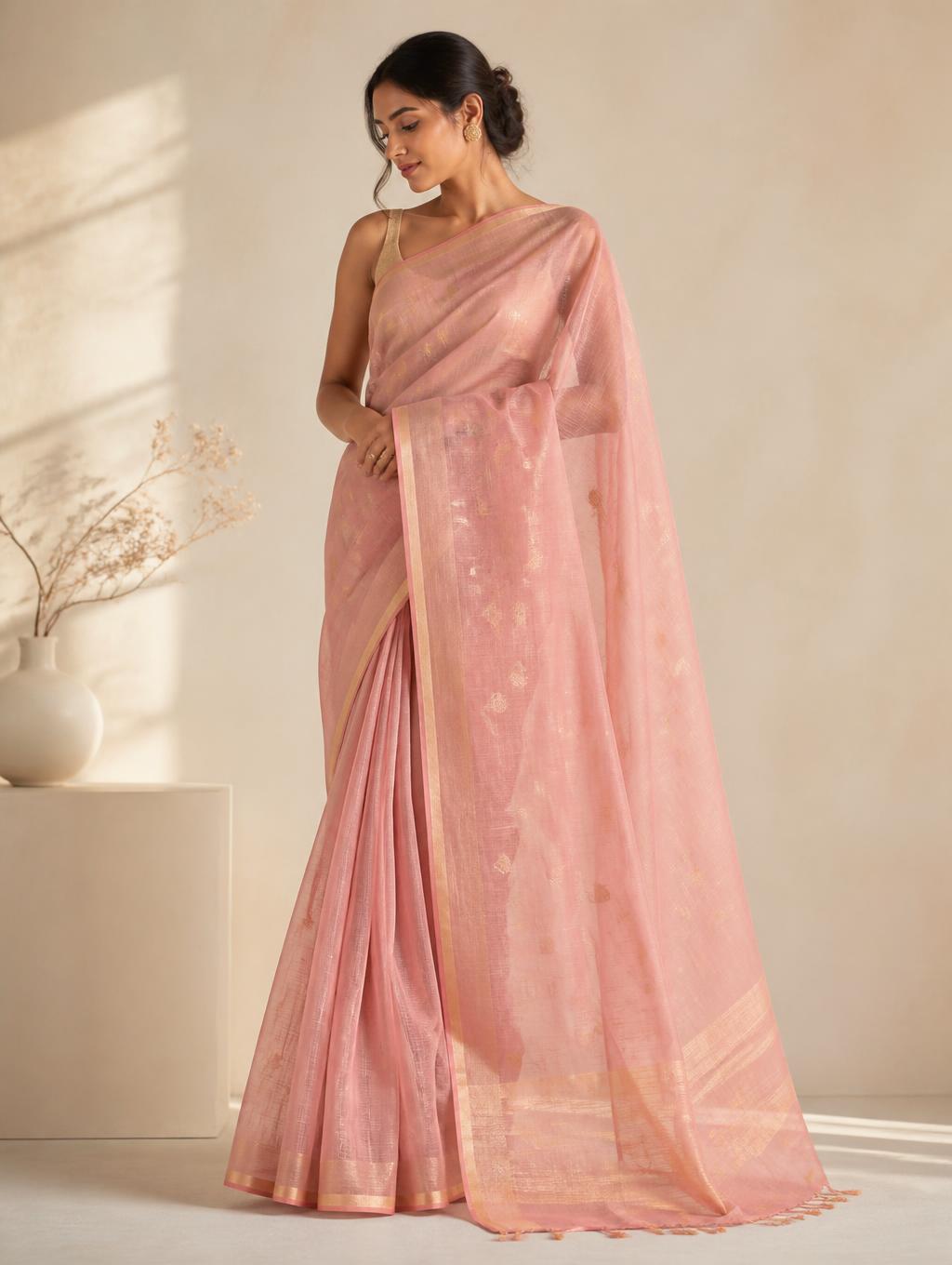 Model wearing a blush rose Kota Doria saree with small gold buti motifs