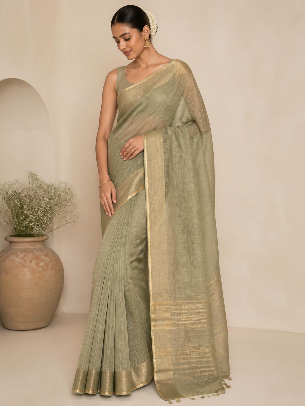Sage saree with slim gold border from the Vana collection