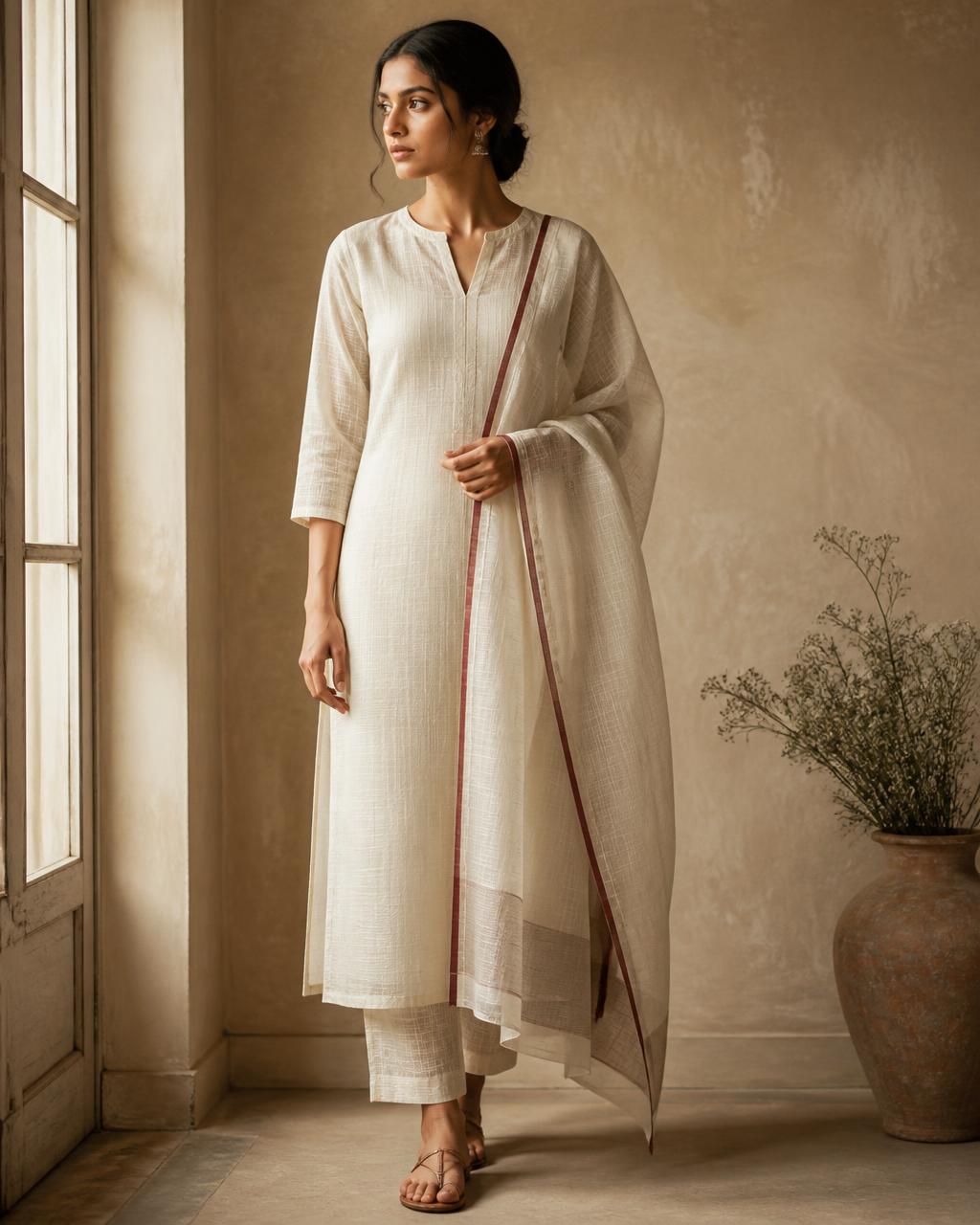 Woman wearing an ivory handwoven Kota Doria suit set with a thin maroon border